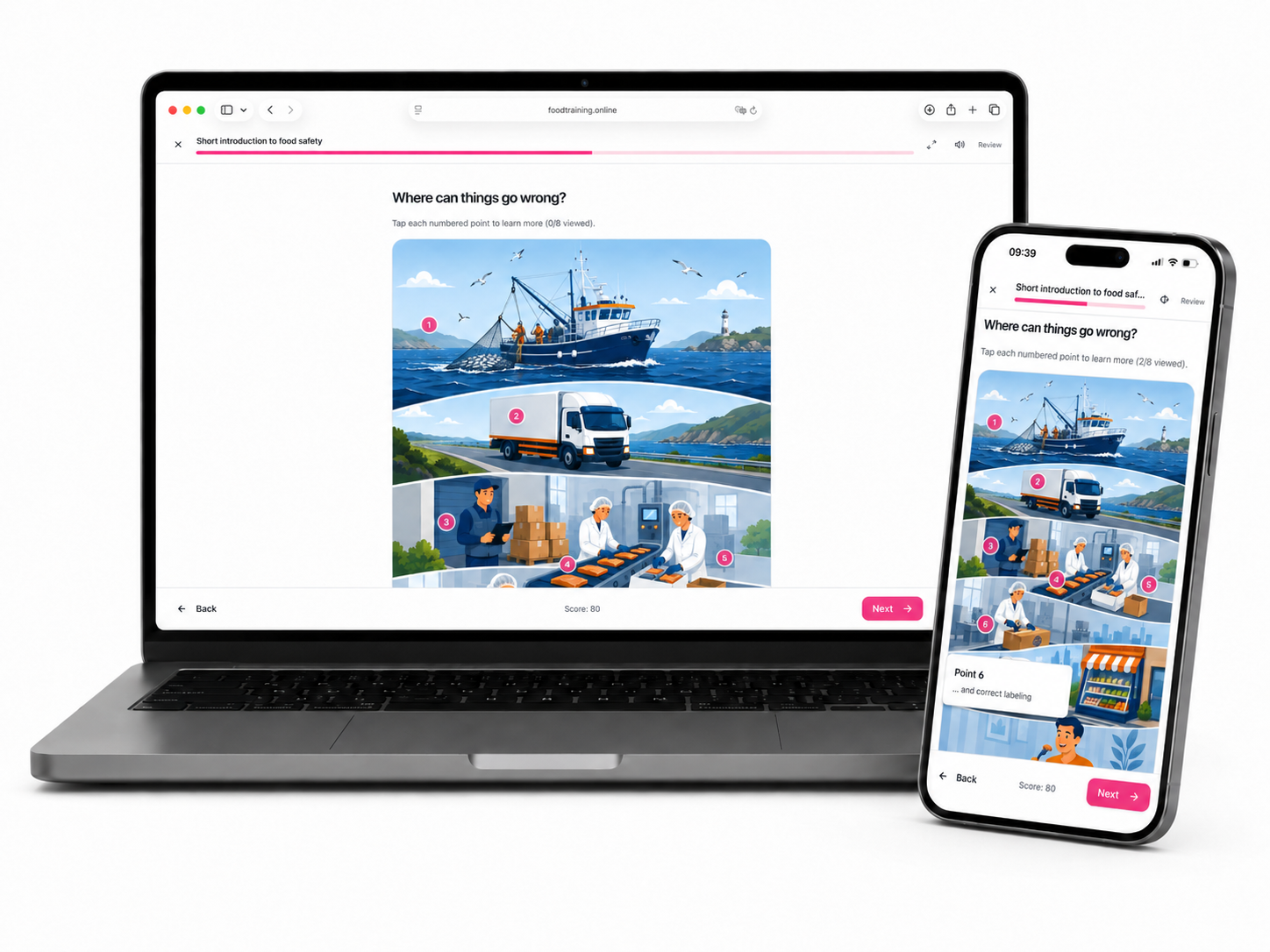 Microlearning card with a real food-operations scenario
