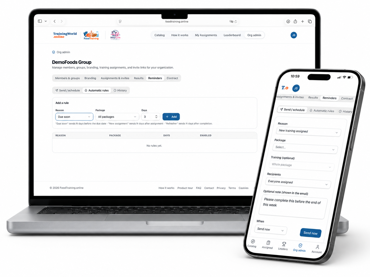 Reminders screen with send/schedule and automatic rules